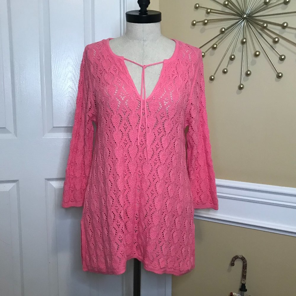 Pink Boho Crochet V-Neck Sweater Sz Large